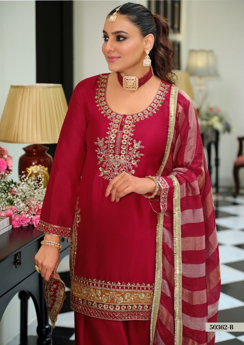 D 50362 B By Zaveri Chinon Beats Work Readymade Suits